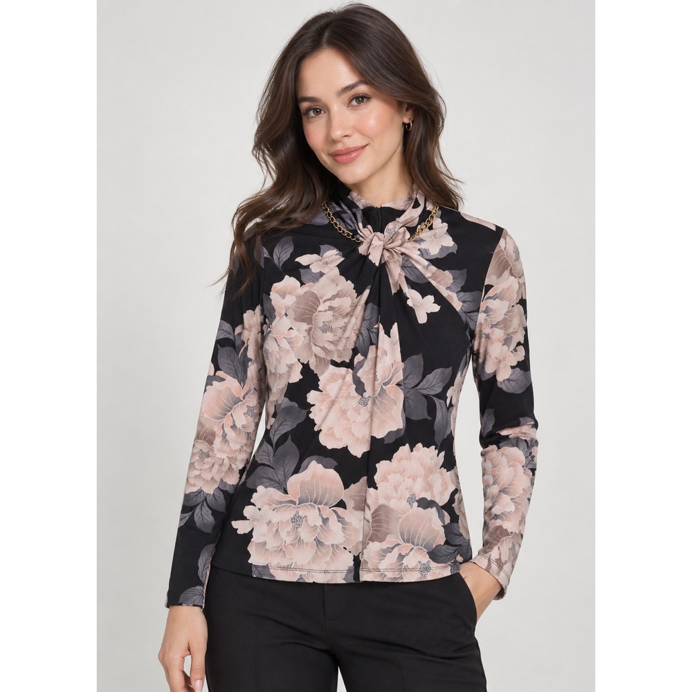 Calvin Klein Floral Long Sleeve Blouse Black Pink Gold Chain Twist Neck Top